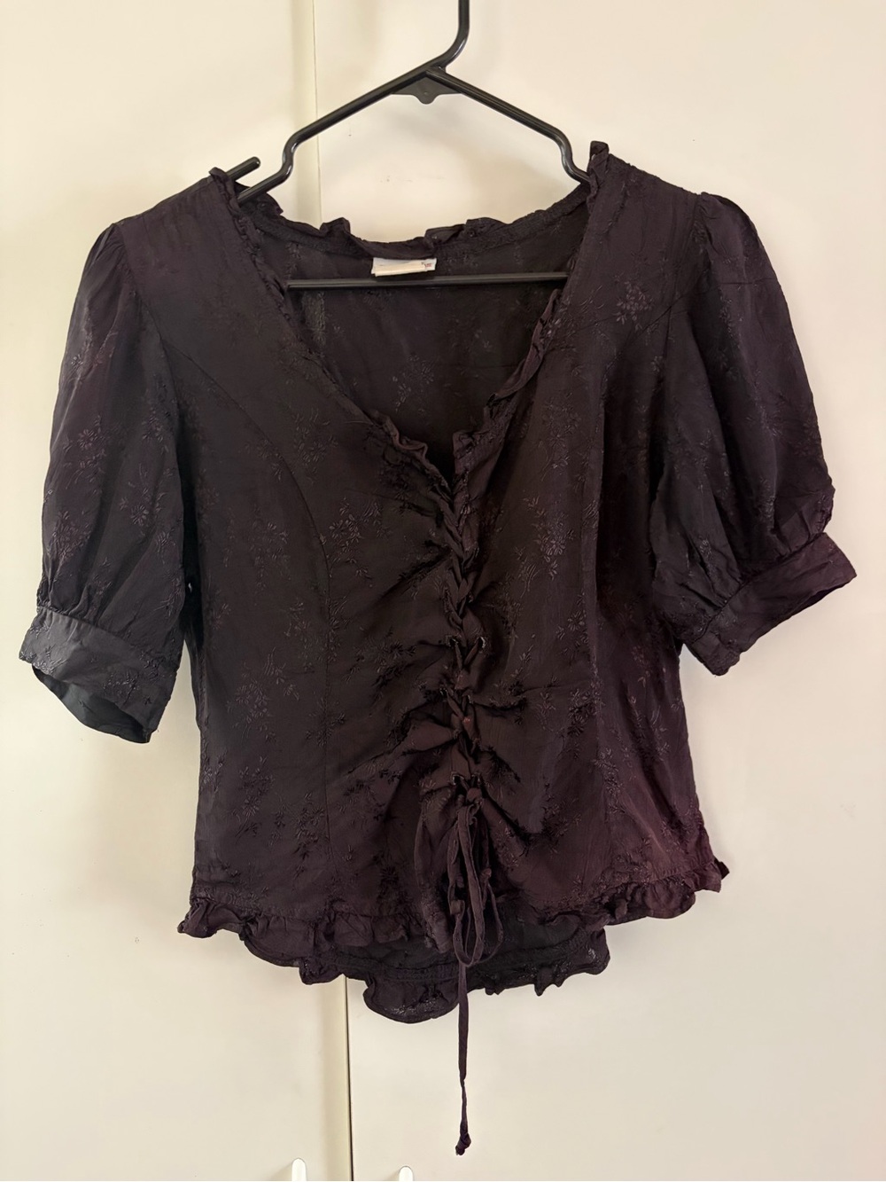 Women's Black Lace-Up Puff Sleeve Blouse